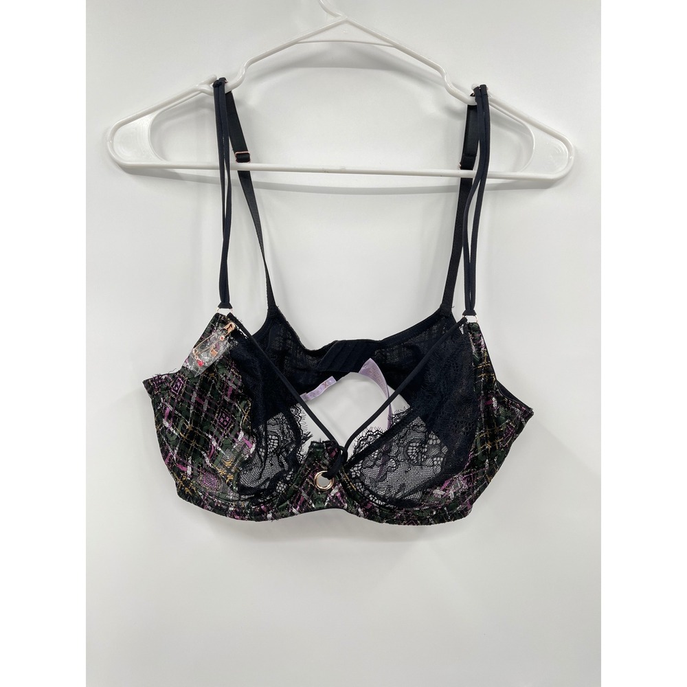 Savage X Fenty Plaid Lace Balconette‎ Bra Black Pink Green Metallic Ring Detail